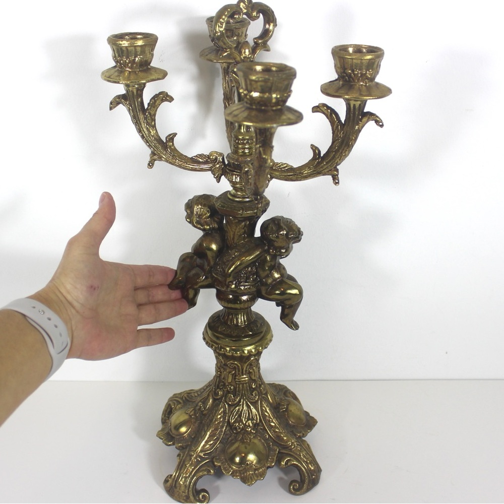 Antique Gilt Brass or Bronze Candelabra with Cherubs, Gold Candle Holder - Picture 10 of 10
